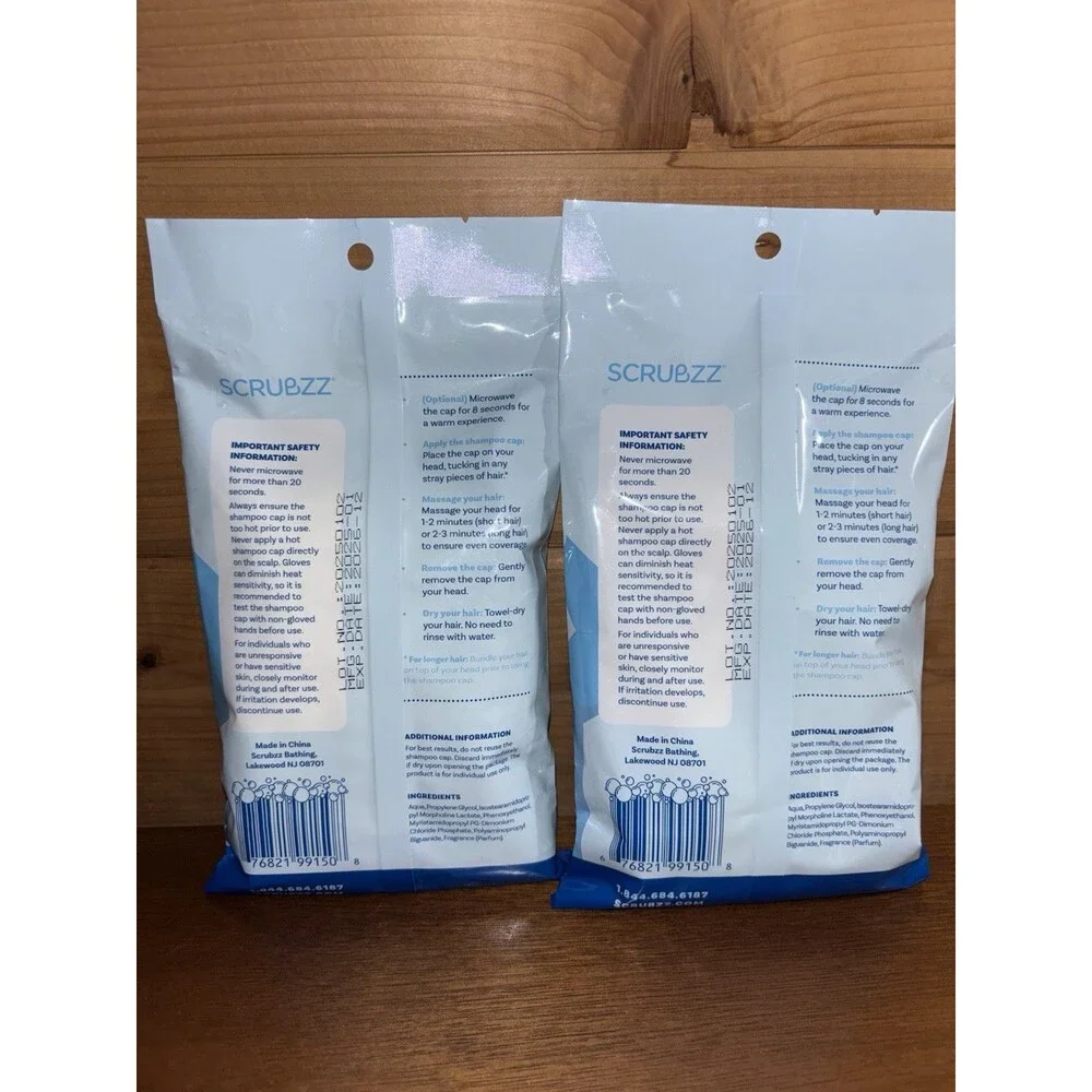 2 Scrubzz Rinse-Free Shampoo Caps Latex Free Elder Care Camping Post-Surgery New